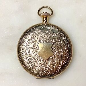 Vintage Victorian Revival Pocket Watch Locket Floral Shield Gold Tone Engraved